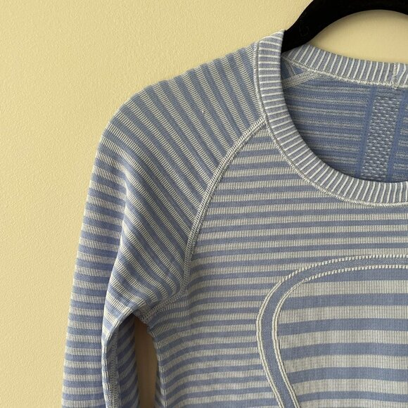 LULULEMON Swiftly Tech Long Sleeve Crew Striped Active Heathered Lullaby Blue 4 - Picture 5 of 7